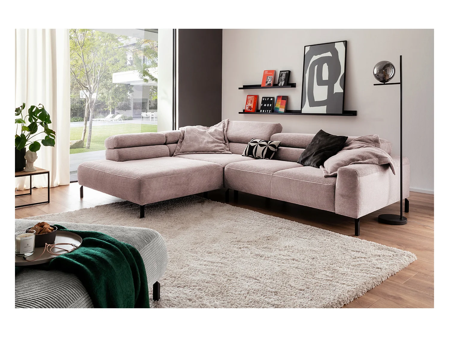 Canapé d'angle - Rose Velours côtelé - DELIA