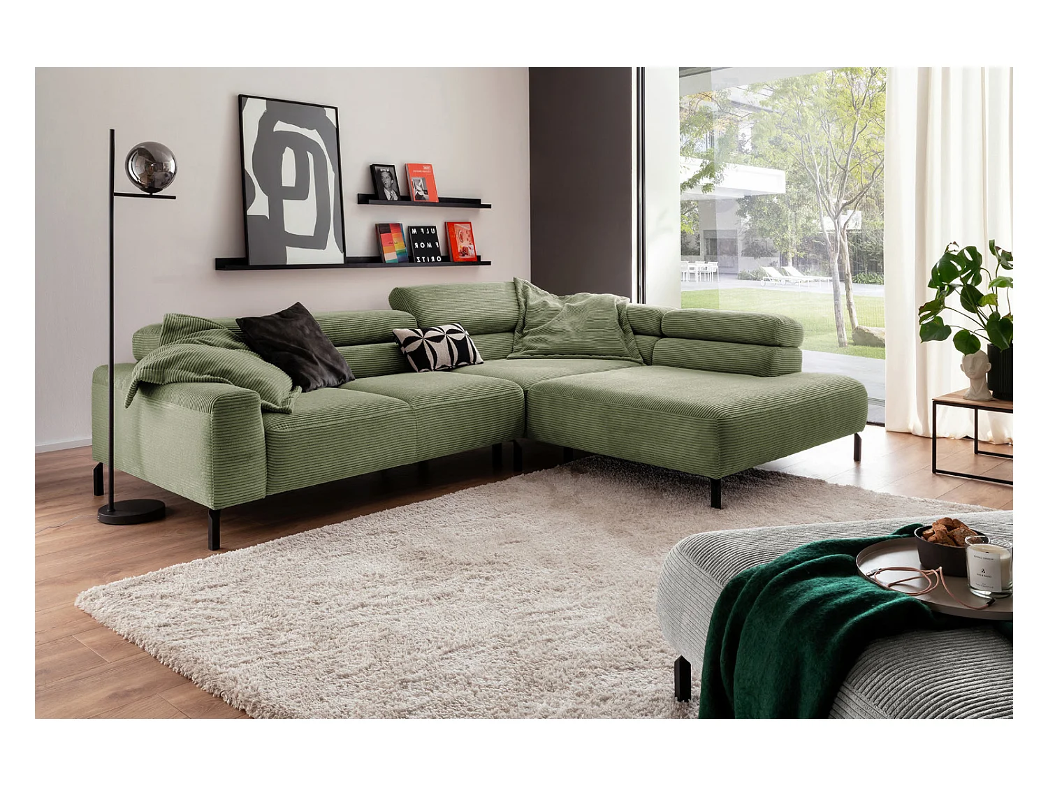 Canapé d'angle - Vert Velours côtelé - DELIA