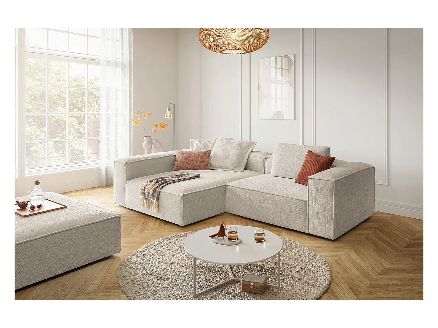 Canapé d'angle - blanc tissage plat - CARMO