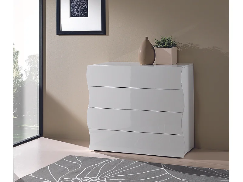 Cómoda dormitorio diseño 4 cajones blanco brillante Onda Draw