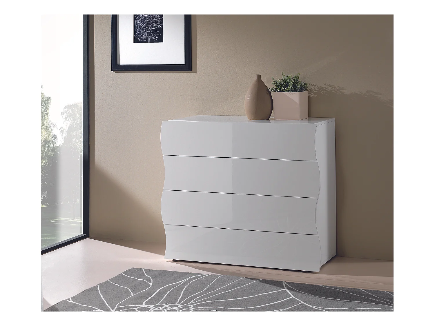 Commode chambre 100cm Design 4 Tiroirs Blanc Brillant Onda Draw
