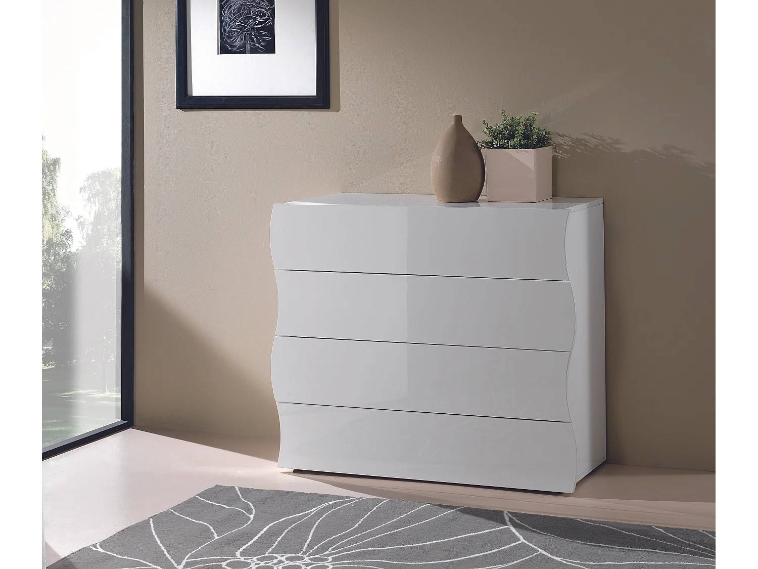 Commode chambre 100cm Design 4 Tiroirs Blanc Brillant Onda Draw