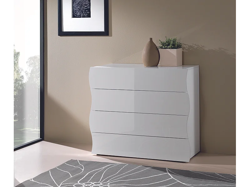 Commode chambre 100cm Design 4 Tiroirs Blanc Brillant Onda Draw