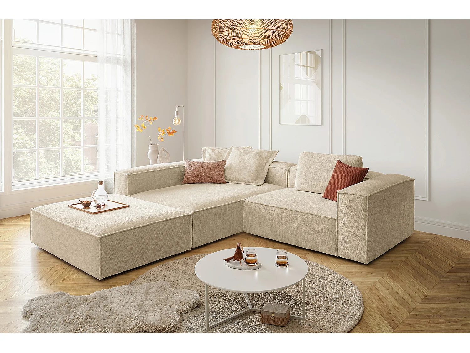 Ecksofa - Beige Flachgewebe - CARMO