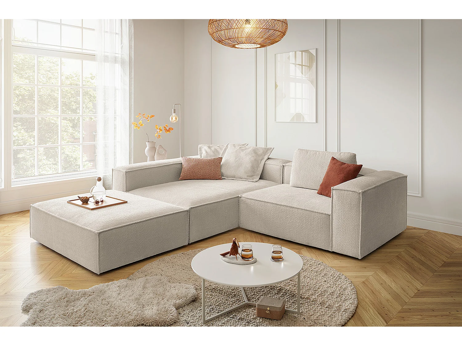 Canapé d'angle - blanc tissage plat - CARMO