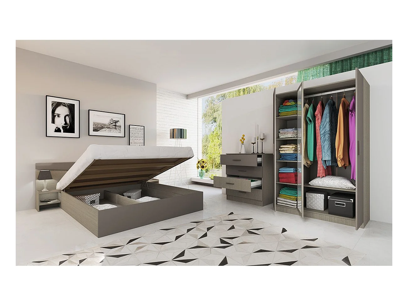 Camera da letto completa 160x200cm colore Beige scuro e lino CDLI40