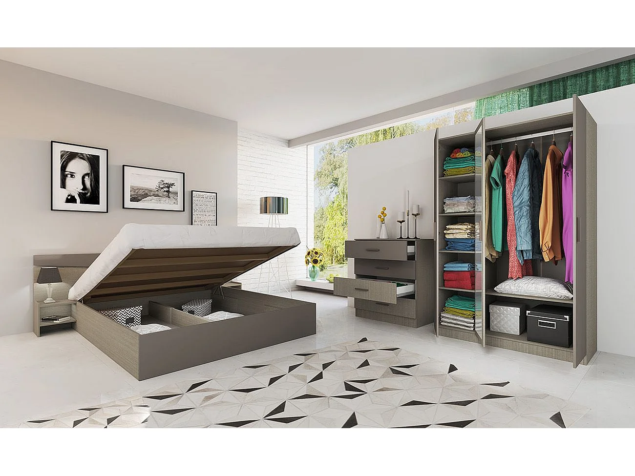 Camera da letto completa 160x200cm colore Beige scuro e lino CDLI40