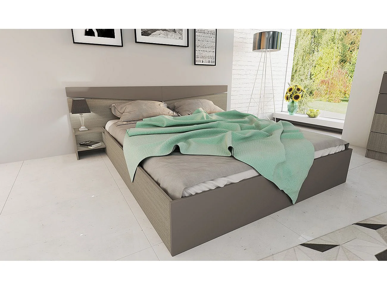 Camera da letto completa 160x200cm colore Beige scuro e lino CDLI40