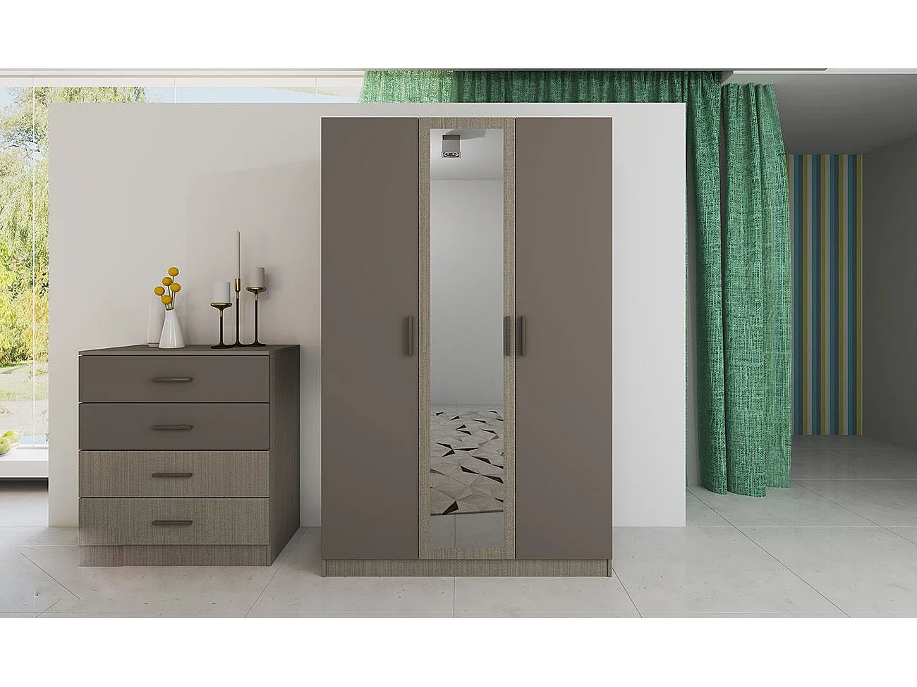 Camera da letto completa 160x200cm colore Beige scuro e lino CDLI40