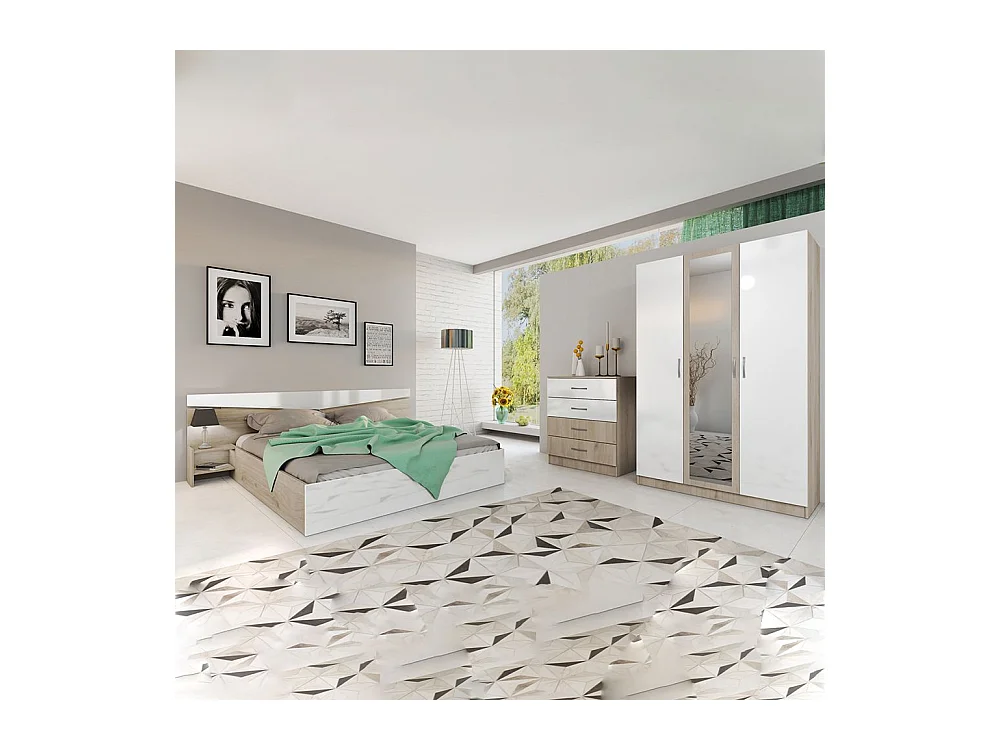 Camera da letto completa 160x200cm colore rovere chiaro e bianco lucido CDLI40