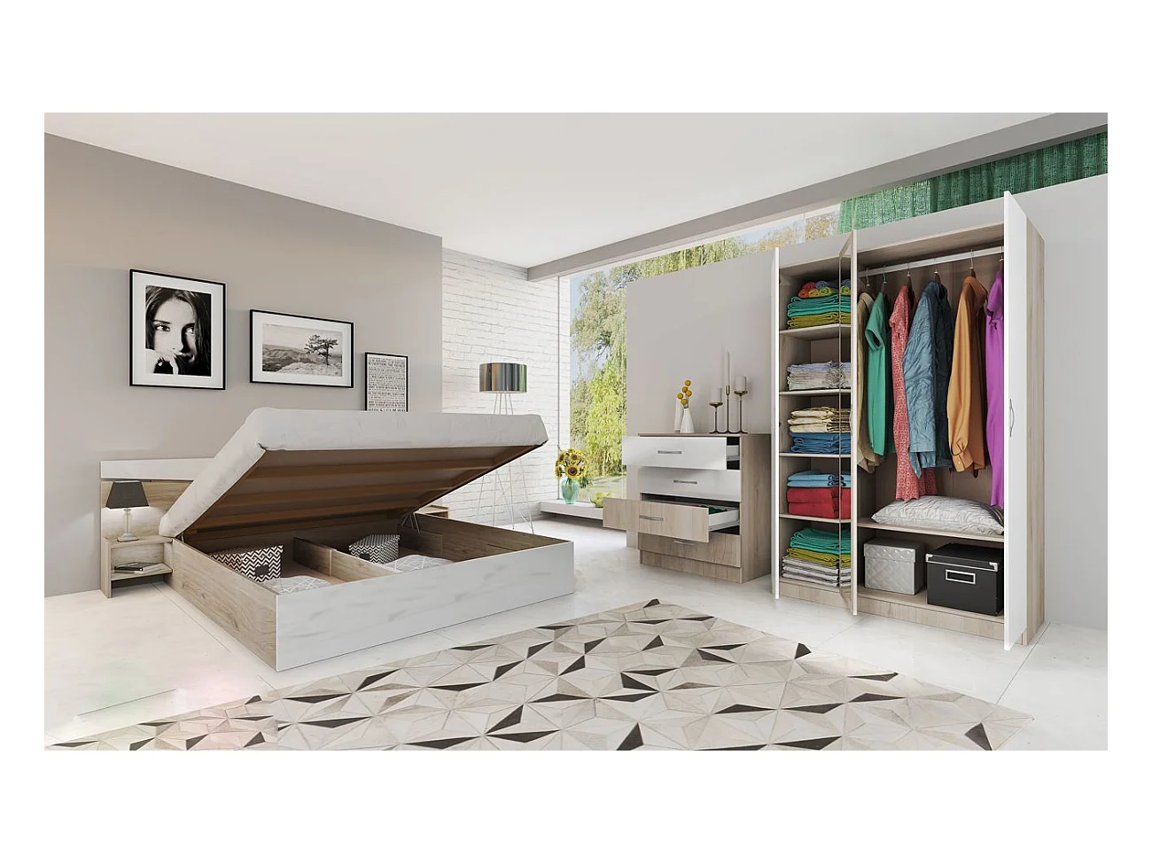 Camera da letto completa 160x200cm colore rovere chiaro e bianco lucido CDLI40