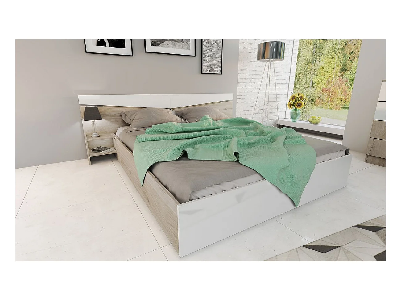 Camera da letto completa 160x200cm colore rovere chiaro e bianco lucido CDLI40