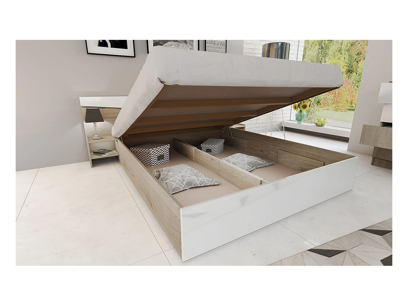 Camera da letto completa 160x200cm colore rovere chiaro e bianco lucido CDLI40