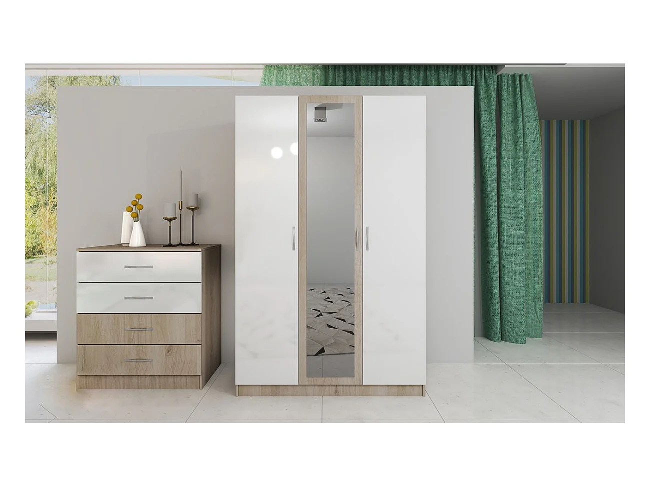 Camera da letto completa 160x200cm colore rovere chiaro e bianco lucido CDLI40