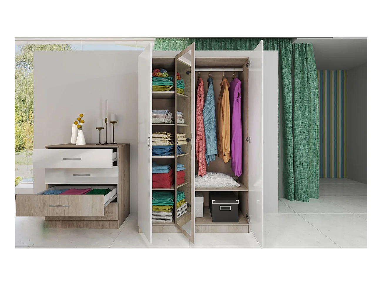 Camera da letto completa 160x200cm colore rovere chiaro e bianco lucido CDLI40