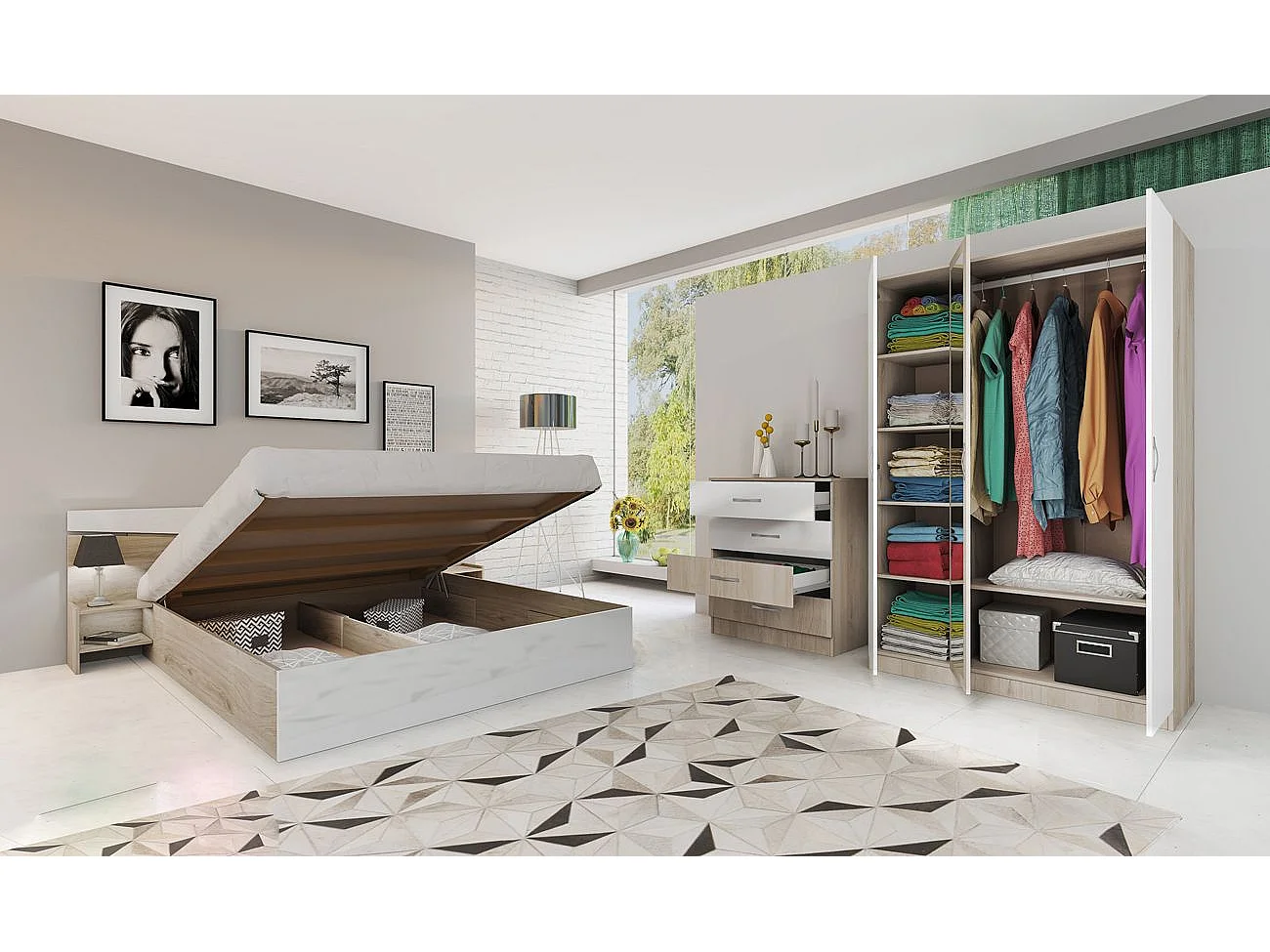 Camera da letto completa 160x200cm colore rovere chiaro e bianco lucido CDLI40