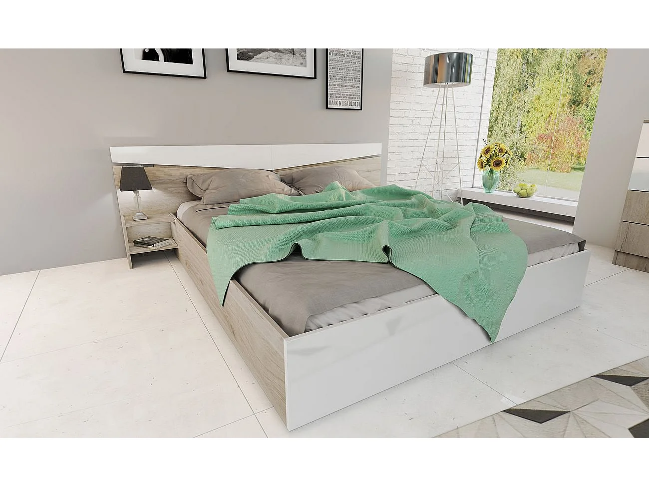 Camera da letto completa 160x200cm colore rovere chiaro e bianco lucido CDLI40