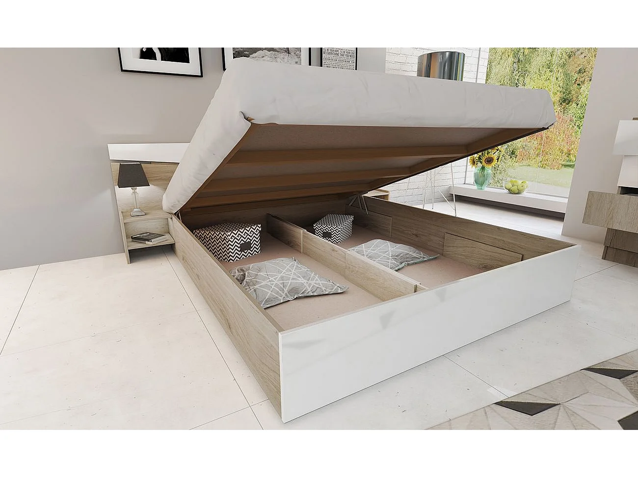 Camera da letto completa 160x200cm colore rovere chiaro e bianco lucido CDLI40