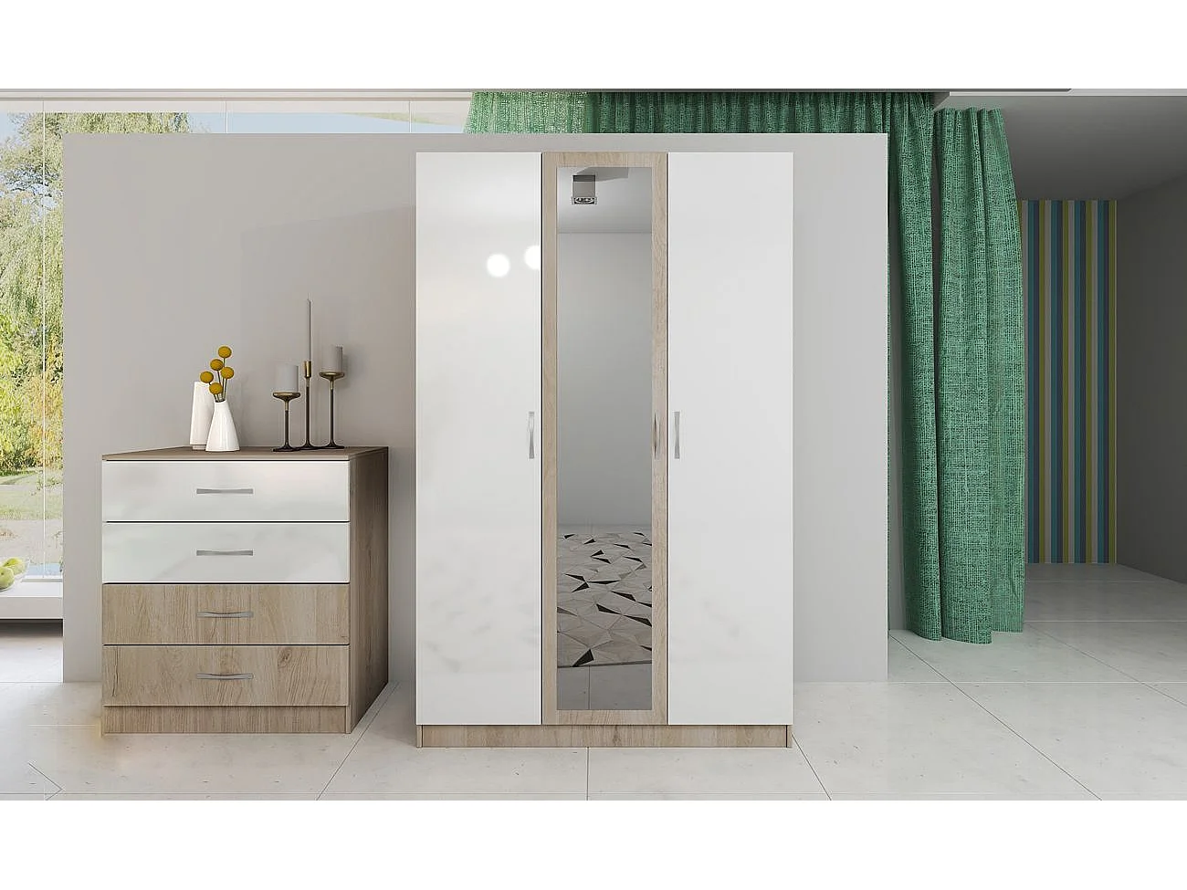 Camera da letto completa 160x200cm colore rovere chiaro e bianco lucido CDLI40