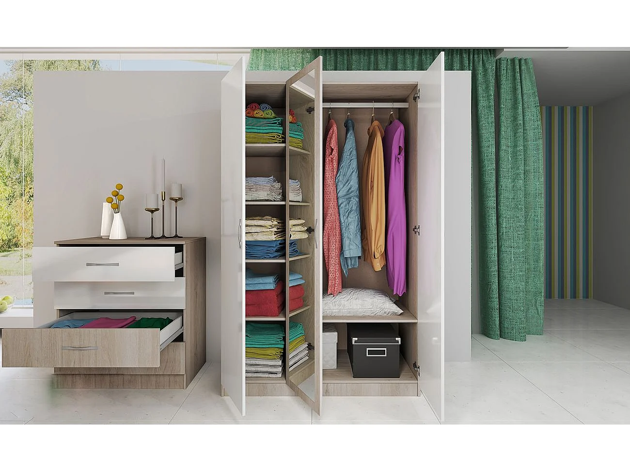 Camera da letto completa 160x200cm colore rovere chiaro e bianco lucido CDLI40