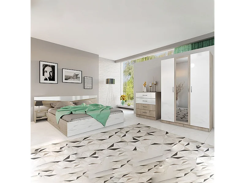 Camera da letto completa 160x200cm colore rovere chiaro e bianco lucido CDLI40