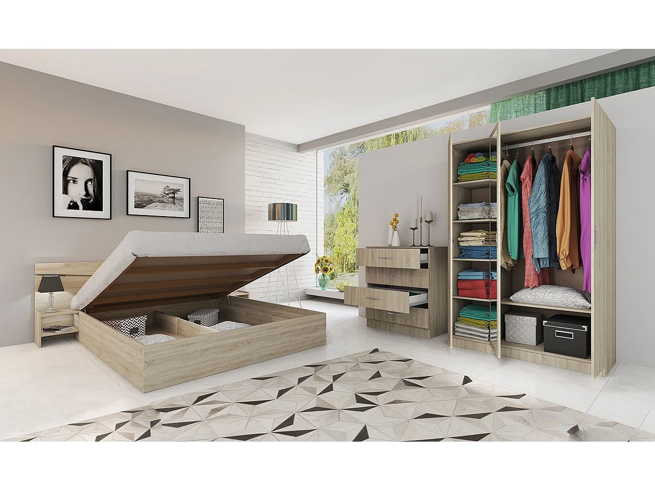 Camera da letto completa 160x200cm colore rovere chiaro CDLI40