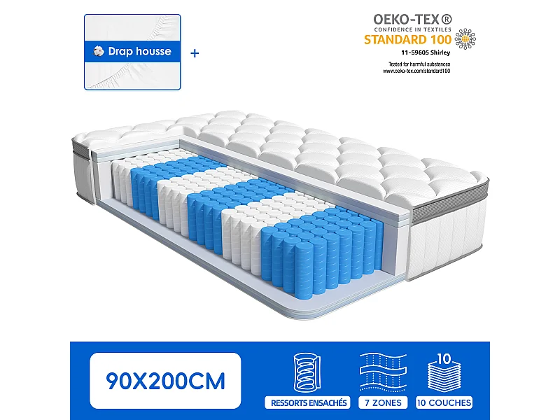 Matelas 90x200 - épaisseur 25cm - luxe matelas de lit d'adulte et d'enfant - matelas à mémoire de forme - 7 zones de confort mousse mémoire adaptative