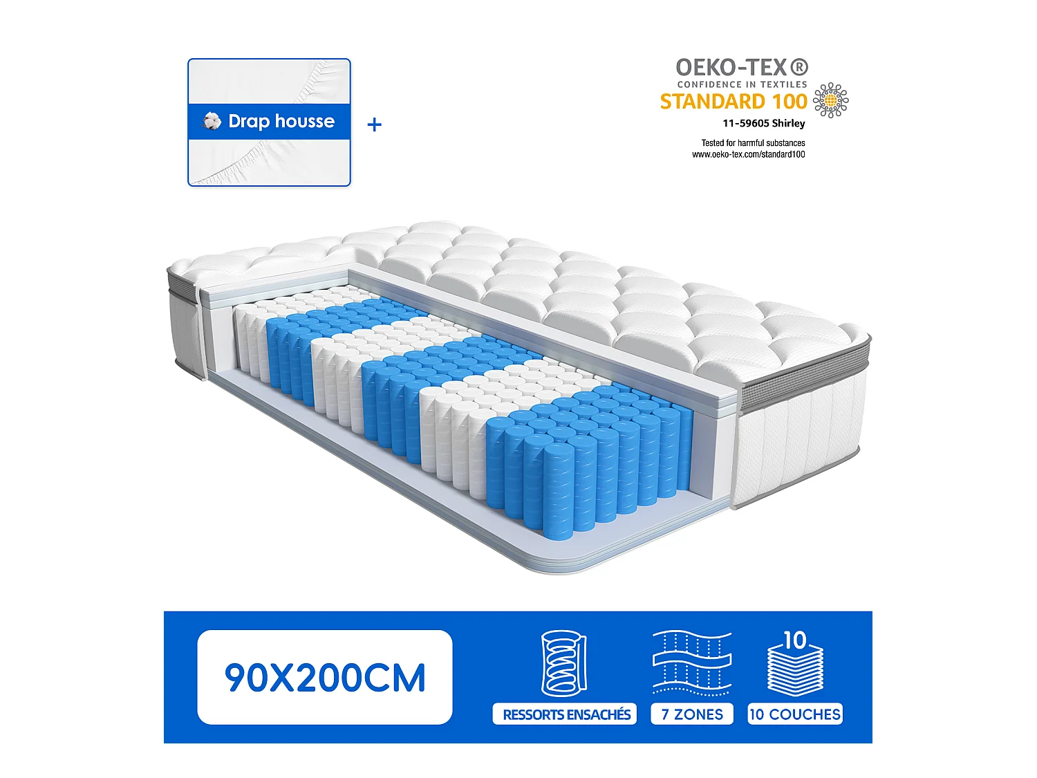 Matelas 90x200 - épaisseur 25cm - luxe matelas de lit d'adulte et d'enfant - matelas à mémoire de forme - 7 zones de confort mousse mémoire adaptative