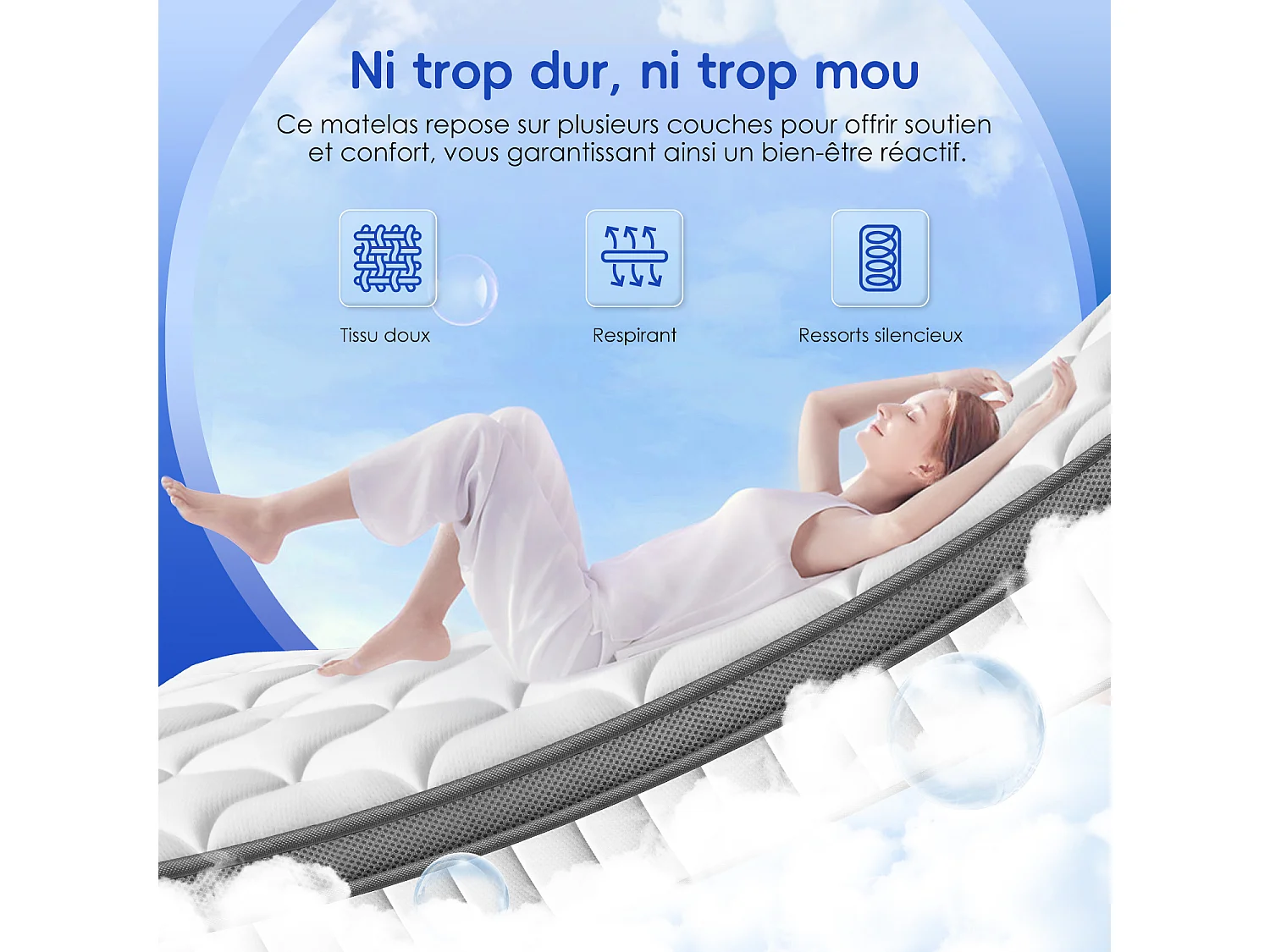 Hiazurm Matelas 140x200cm 9 couches de confort avec noyau à ressorts ensachés niveau de fermeté h3matelas 2 places à 7 zones hauteur 25cmhypoallergénique