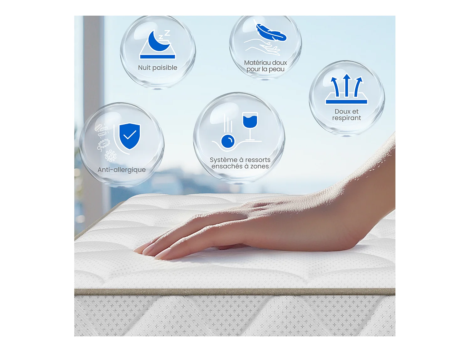 Matelas 140x200, matelas à ressorts ensachés indépendant en mousse à mémoire de forme 22cm d'épaisseur pour adultes et enfants, respirant tissu doux