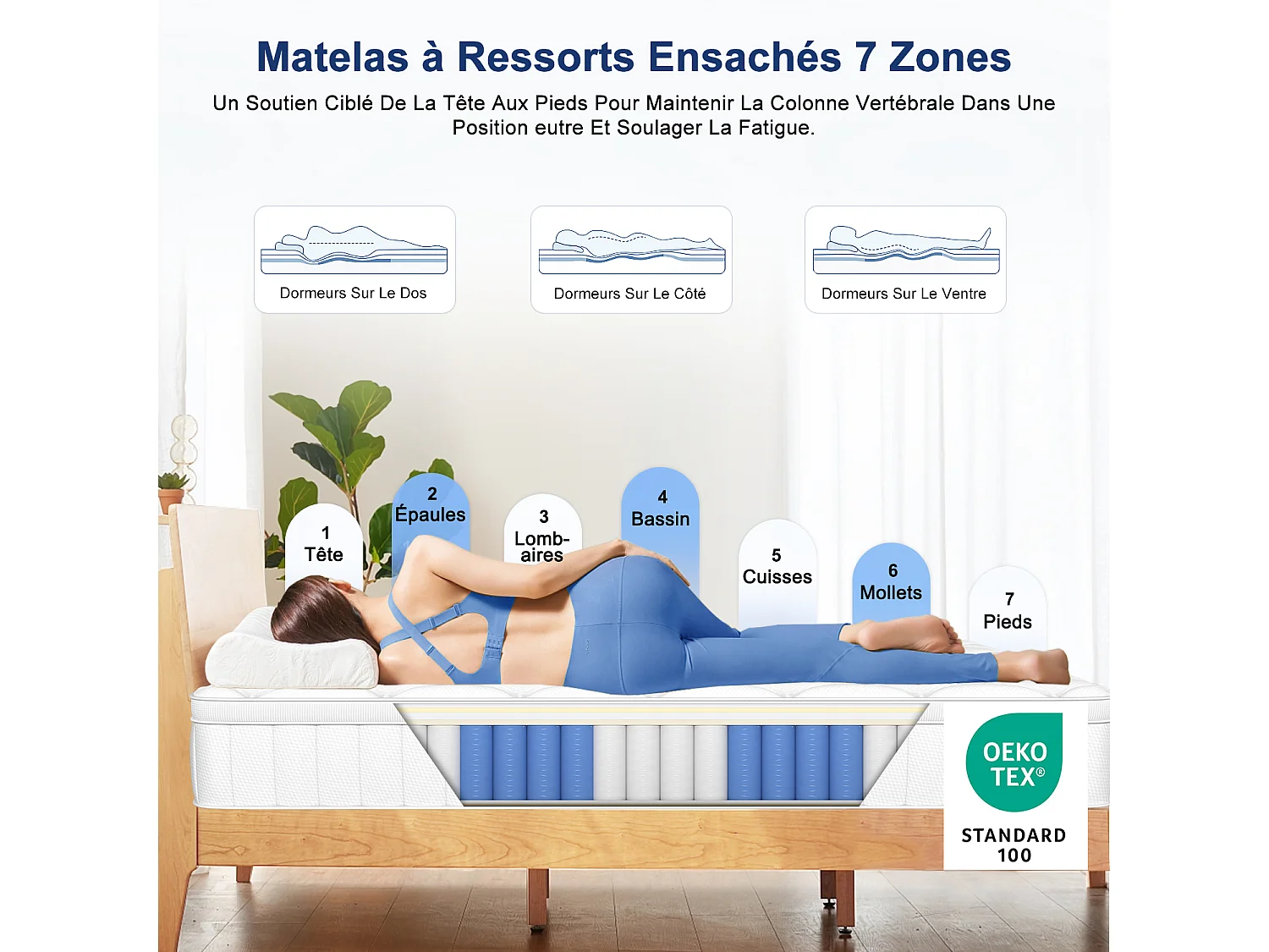 Matelas 140x200 cm – hauteur 25 cm 10 couches de confort matelas 2 places à ressorts ensachés h3 7 zones de soutien drap-housse en coton 100%