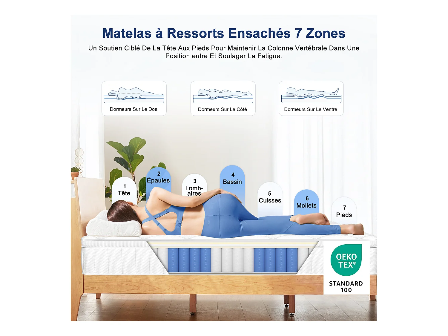 Matelas 140x200 cm – hauteur 25 cm 10 couches de confort matelas 2 places à ressorts ensachés h3 7 zones de soutien drap-housse en coton anti-acariens