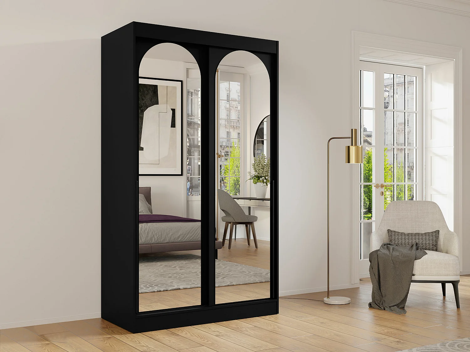 Armoire Toledo 130, Noir, 216x120x65cm, Portes d'armoire: Coulissantes