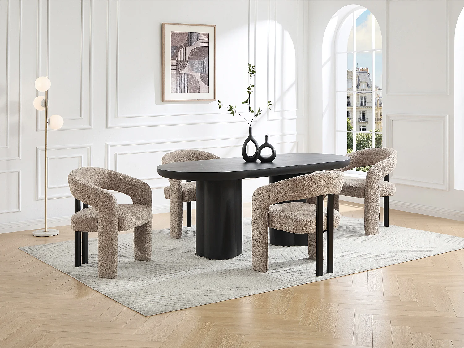 Chaise avec accoudoirs en tissu bouclette et bois d'hévéa noir - Taupe - NORETI