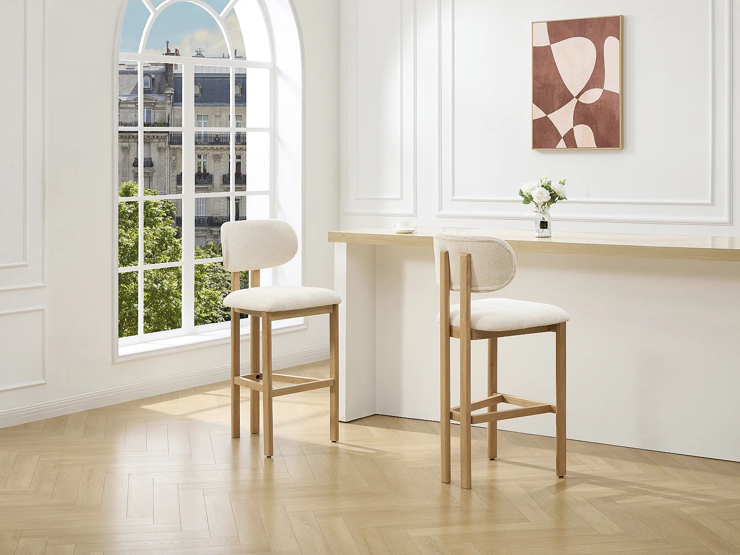 Lot de 2 tabourets de bar en tissu texturé et bois d'hévéa - Crème - YELAZ