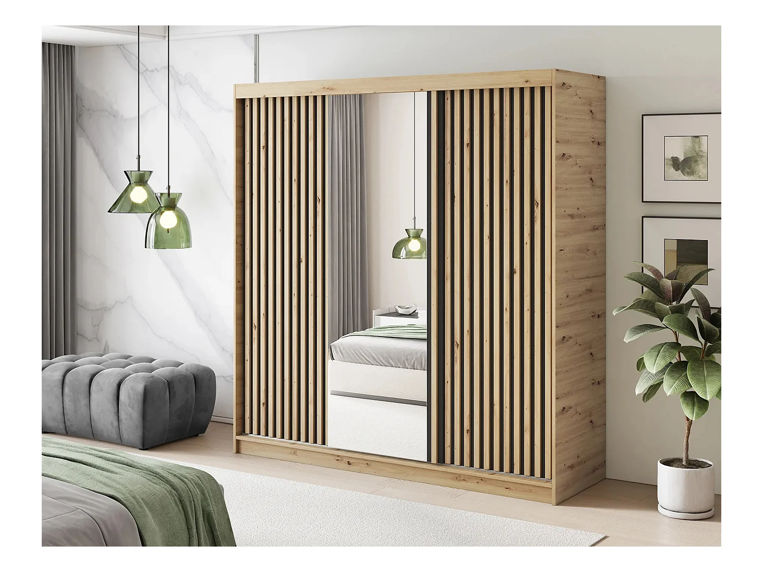 Armoire chambre adulte MERIKO 180cm Chêne artisan et miroir