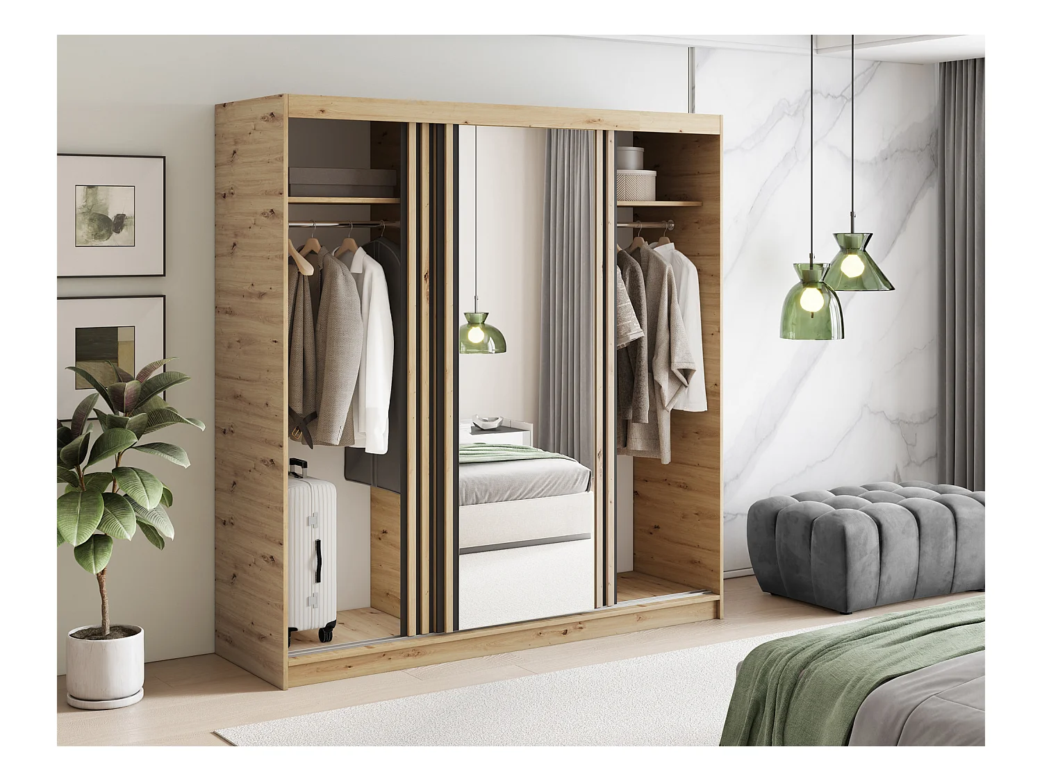 Armoire chambre adulte MERIKO 180cm Chêne artisan et miroir