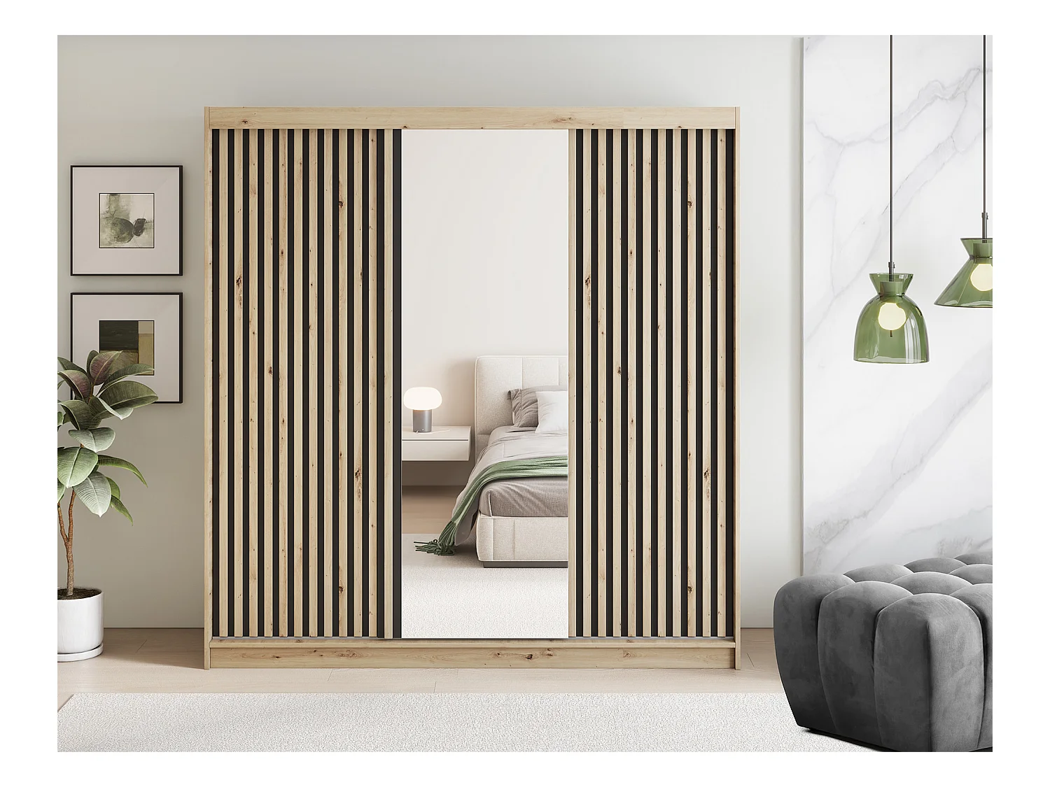 Armoire chambre adulte MERIKO 180cm Chêne artisan et miroir