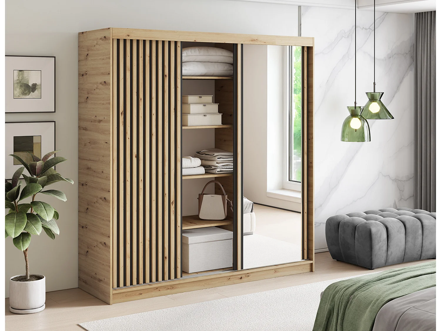 Armoire chambre adulte MERIKO 180cm Chêne artisan et miroir