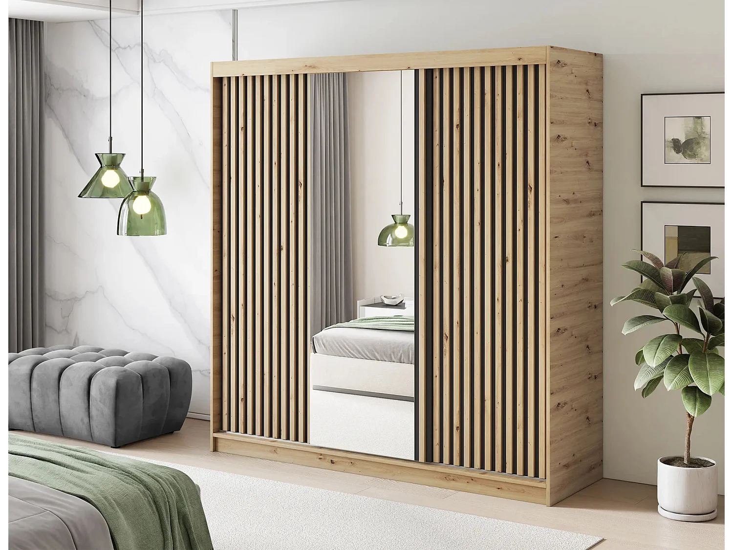 Armoire chambre adulte MERIKO 180cm Chêne artisan et miroir