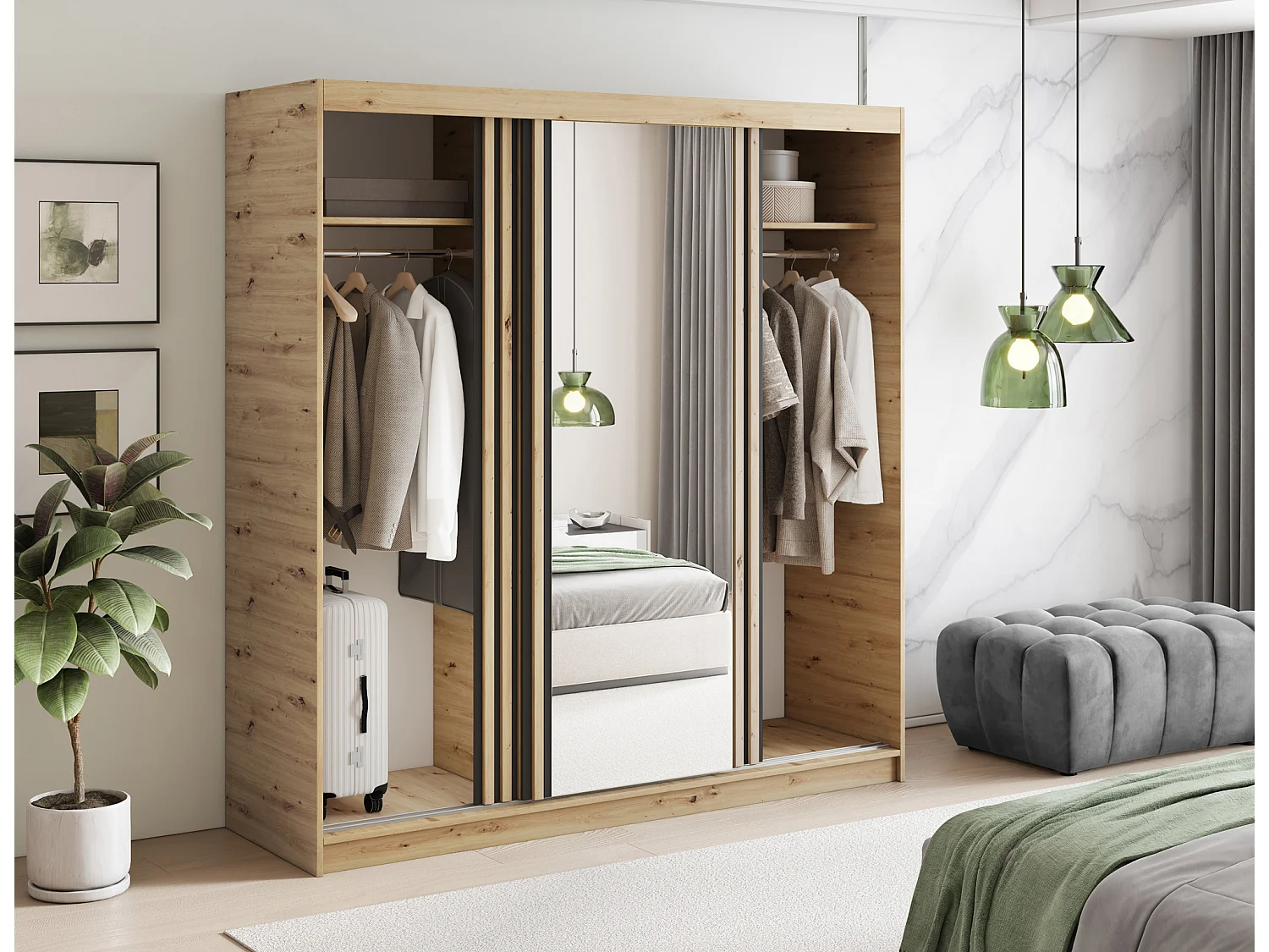 Armoire chambre adulte MERIKO 180cm Chêne artisan et miroir