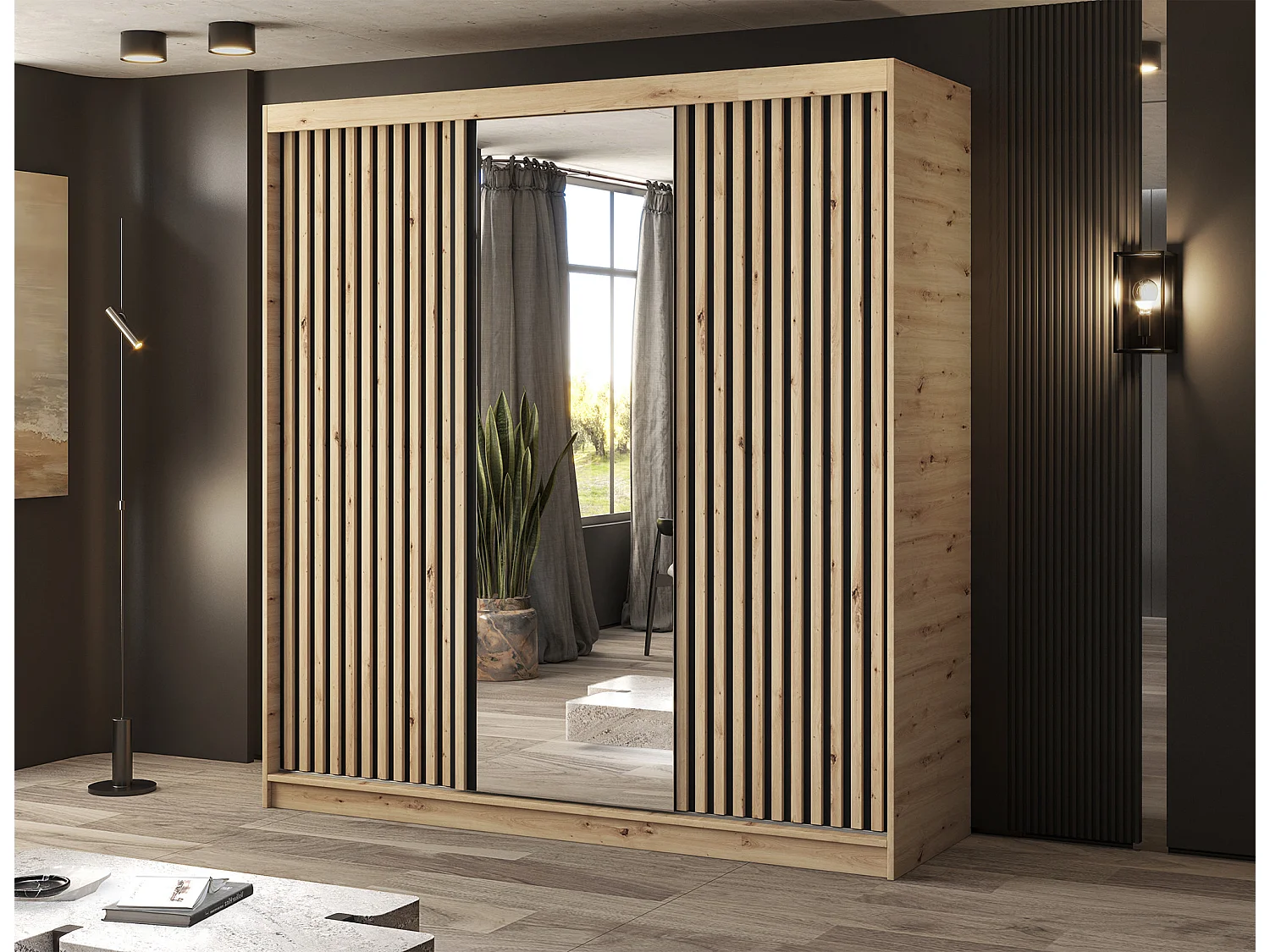 Armoire chambre adulte MERIKO 180cm Chêne artisan et miroir