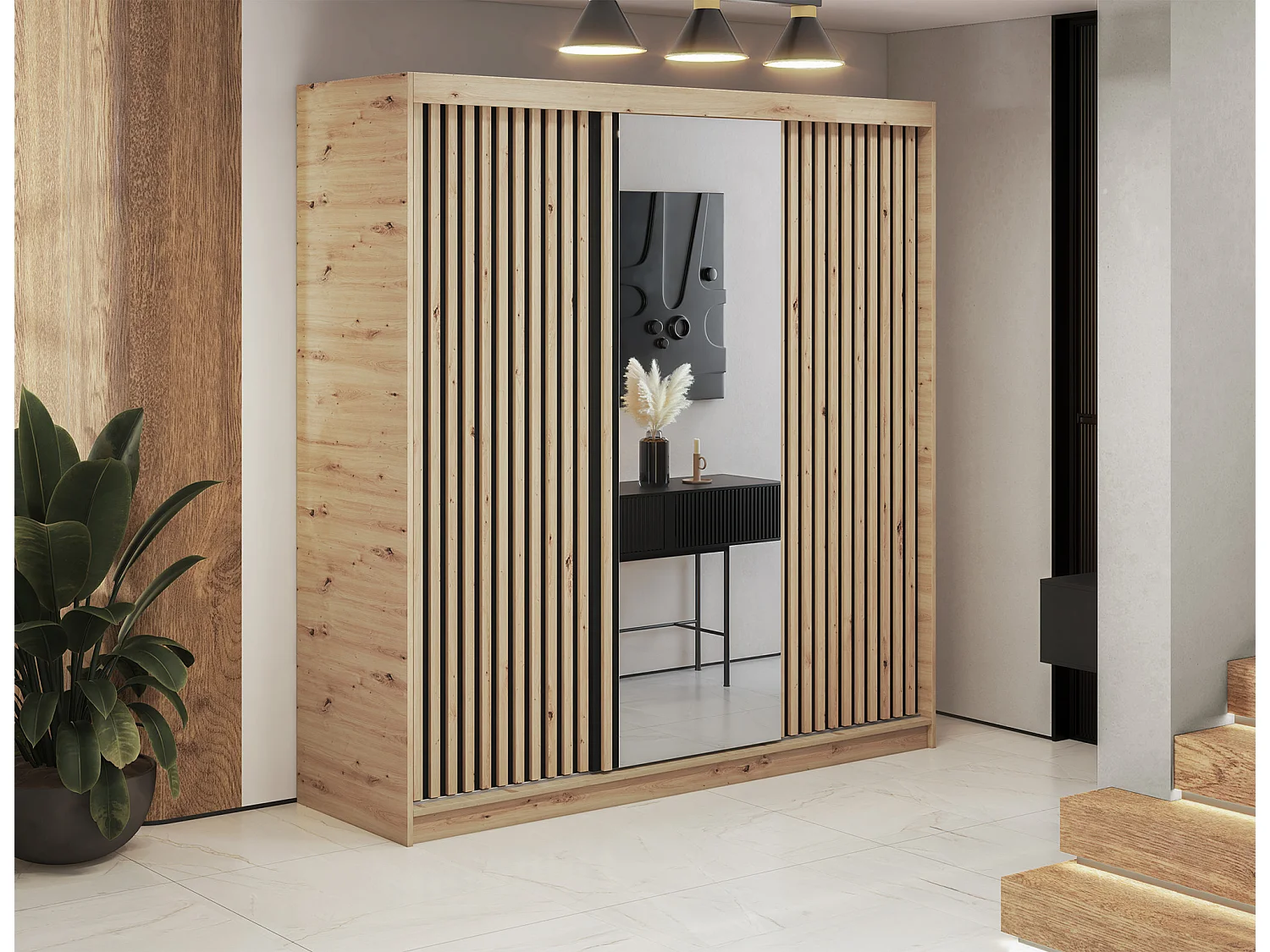 Armoire chambre adulte MERIKO 180cm Chêne artisan et miroir