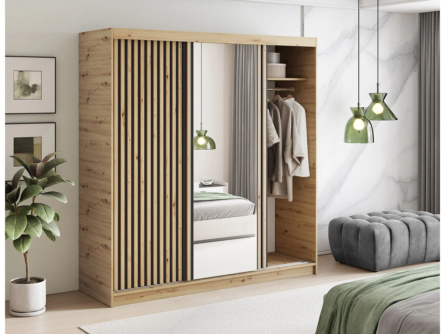 Armoire chambre adulte MERIKO 180cm Chêne artisan et miroir