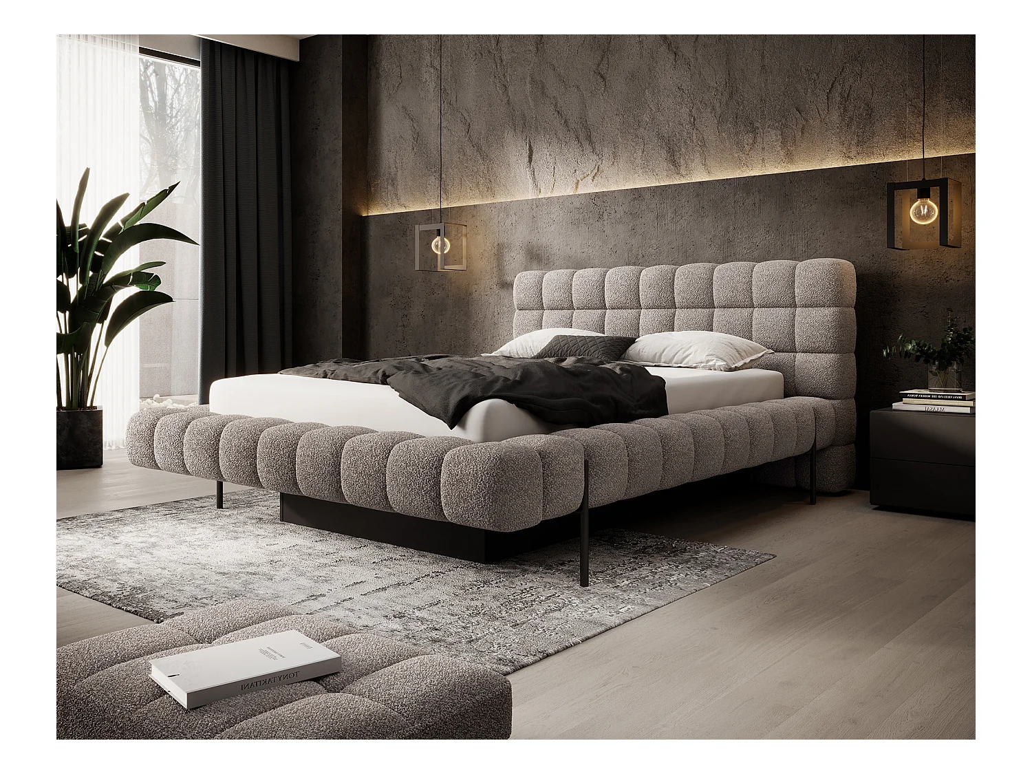 Lit avec coffre de rangement Kopa prestige – Revêtement tissu capitonné-Marron clair-160x200