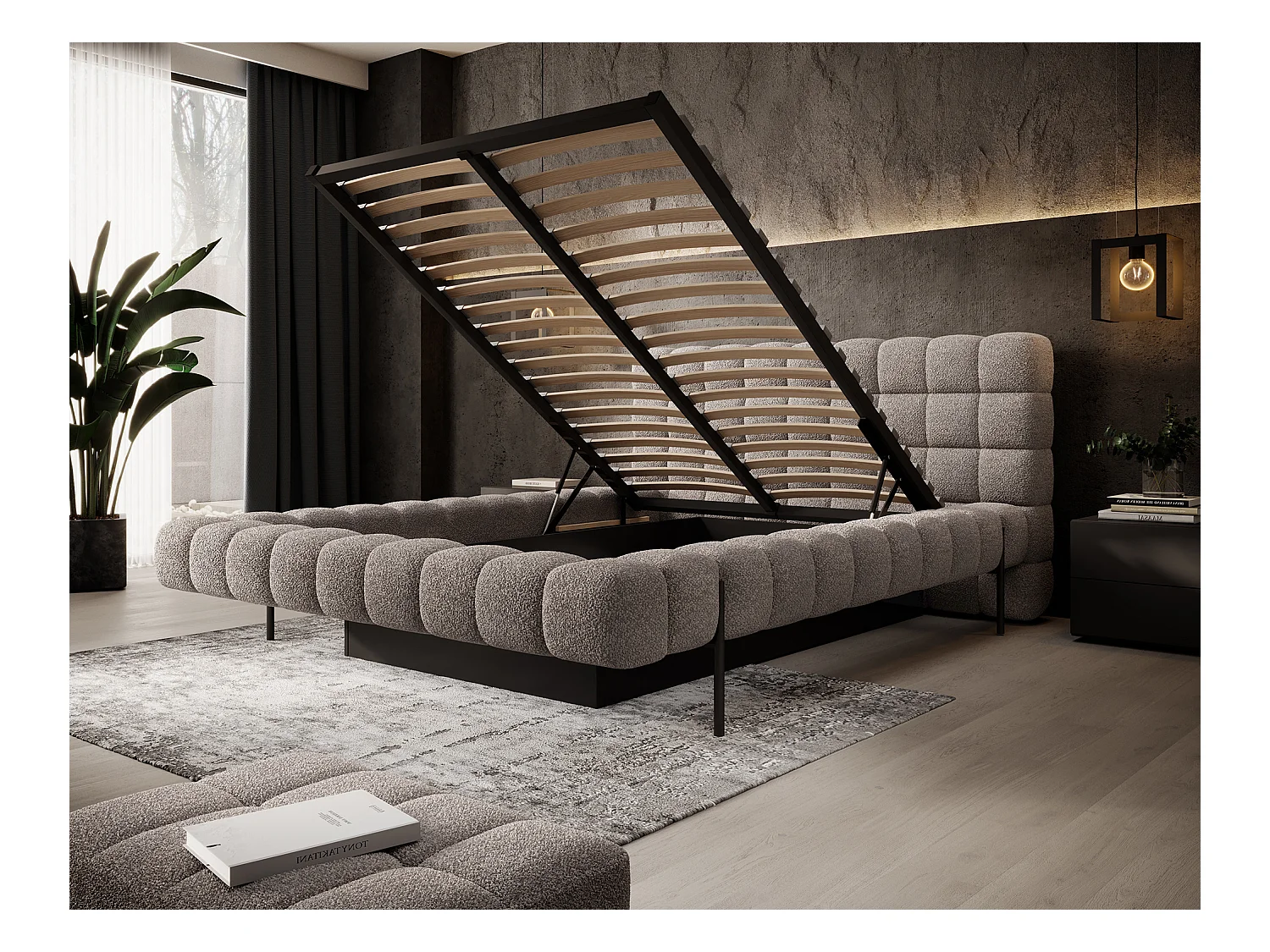Lit avec coffre de rangement Kopa prestige – Revêtement tissu capitonné-Marron clair-160x200