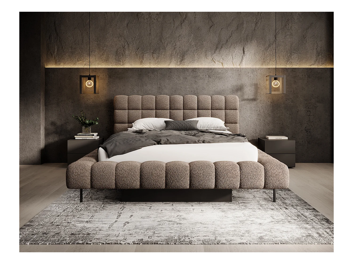 Lit avec coffre de rangement Kopa prestige – Revêtement tissu capitonné-Marron clair-160x200