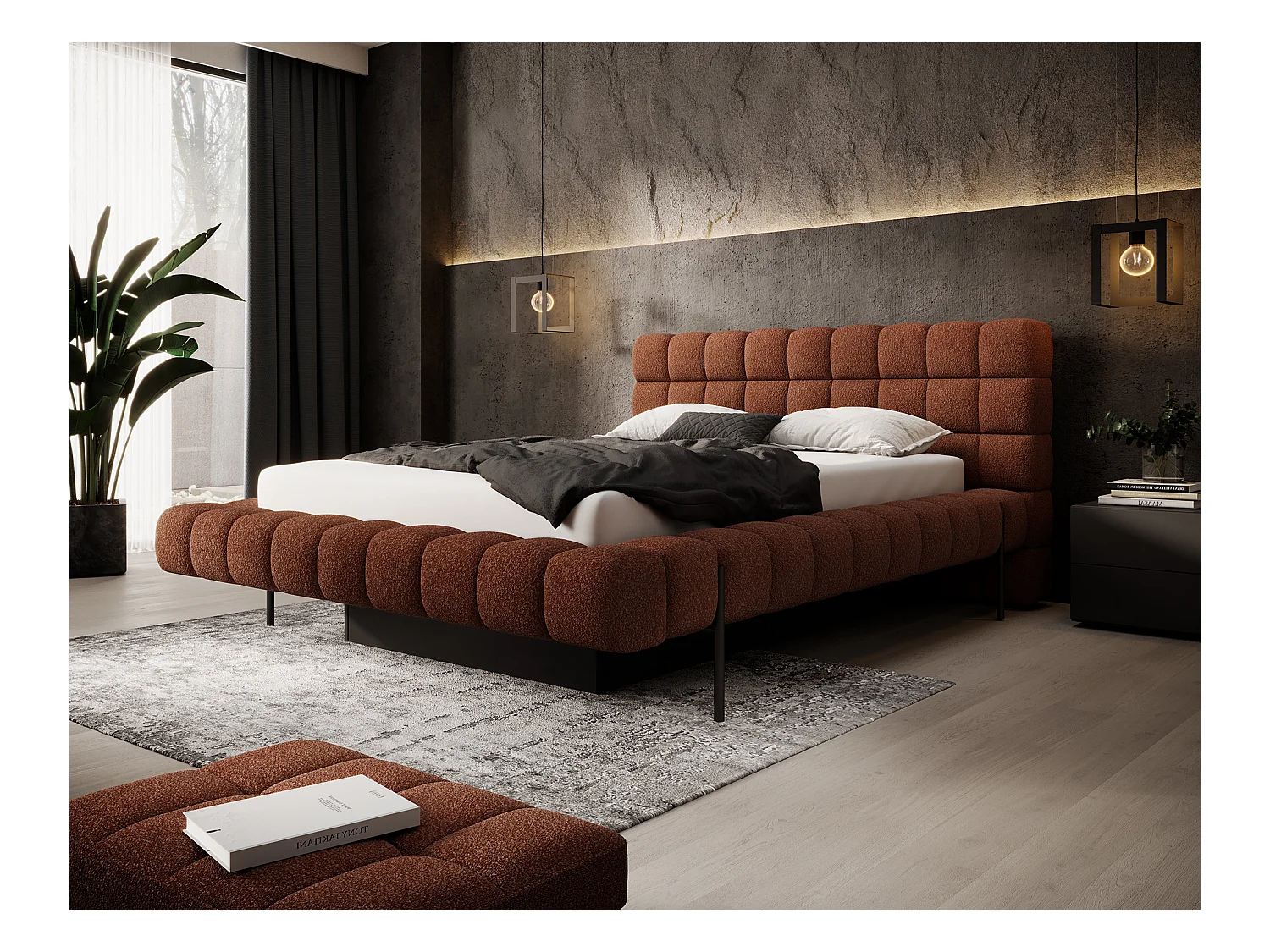 Bed met Kopa prestige opbergbox – Gewatteerde stoffen bekleding-Kleur Tomette rood-Slapen 140x200cm