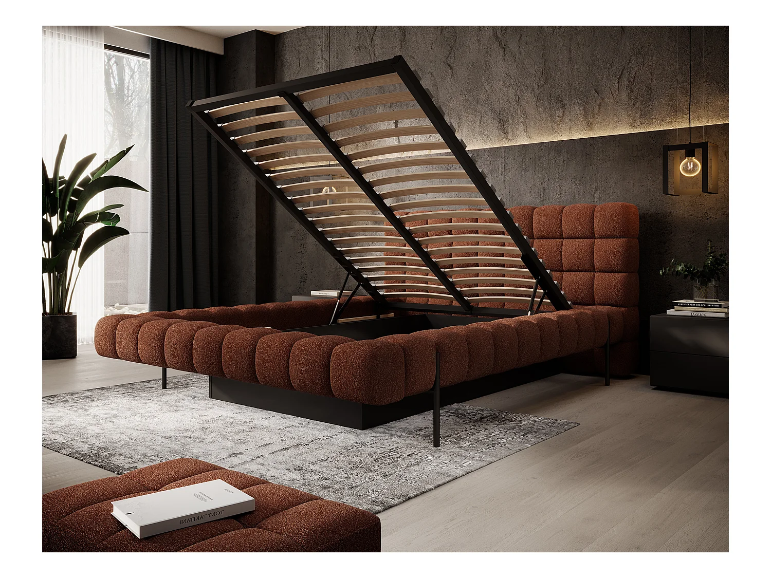 Bed met Kopa prestige opbergbox – Gewatteerde stoffen bekleding-Kleur Tomette rood-Slapen 140x200cm