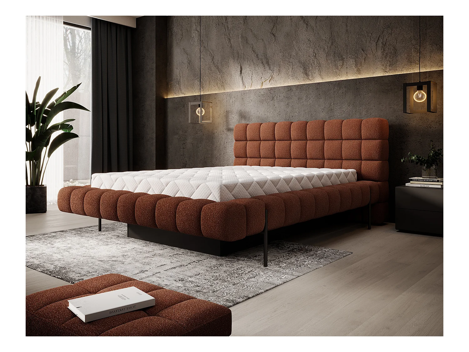 Bed met Kopa prestige opbergbox – Gewatteerde stoffen bekleding-Kleur Tomette rood-Slapen 140x200cm